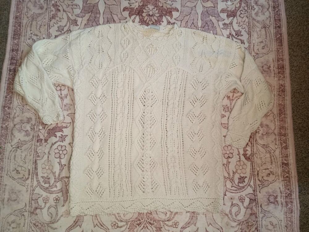 Laura Ashley Womens Cottagecore Crochet Bobble Knit Sweater M Ivory Oversized